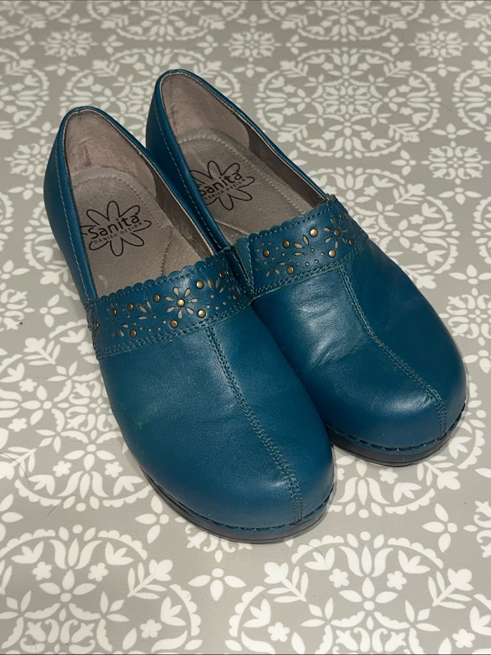 Sanita Teal Blue Leather Slip-On Clogs with Scalloped Trim